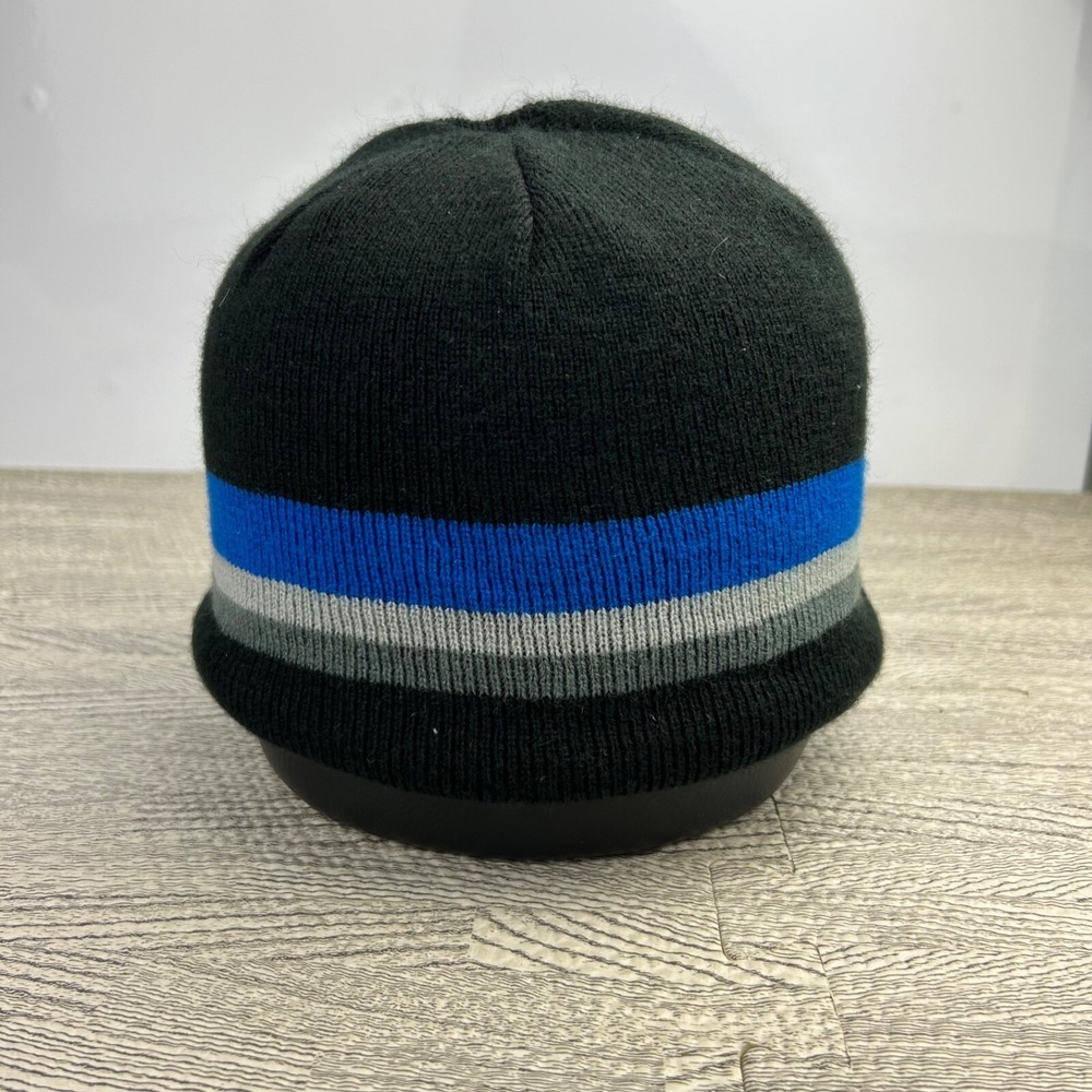 Vintage Y2K Striped Beanie Hat Cap One Size Black Blue Cyber Grunge Casual Boho